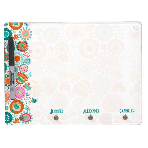 Cute Retro Birds  Flowers 2_ Pink  Blue_Green Dry Erase Board With Keychain Holder