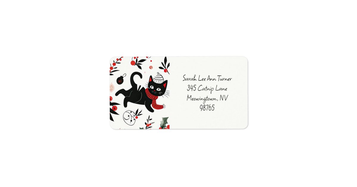 Cute Retro Black Cat Christmas Address Labels | Zazzle