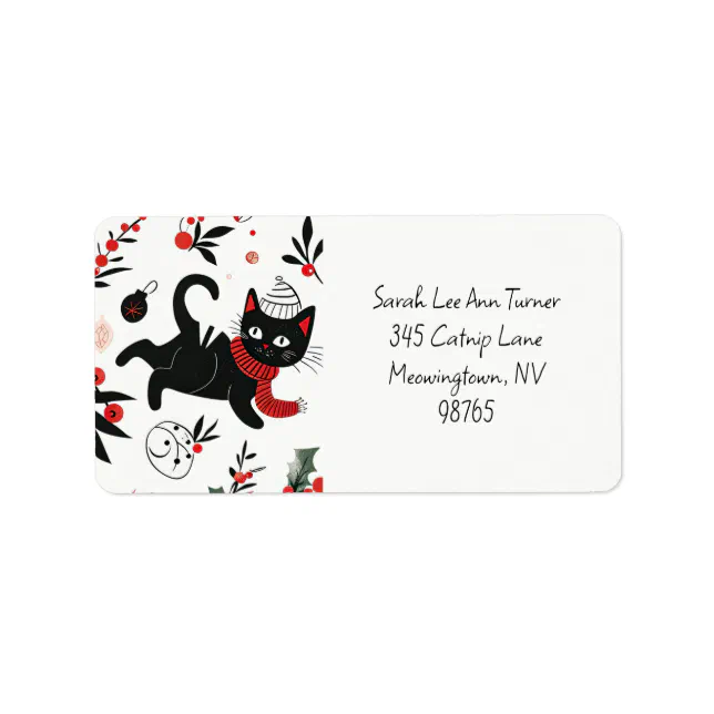 Cute Retro Black Cat Christmas Address Labels | Zazzle