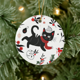 Cute Retro Black Cat Christmas Ceramic Ornament