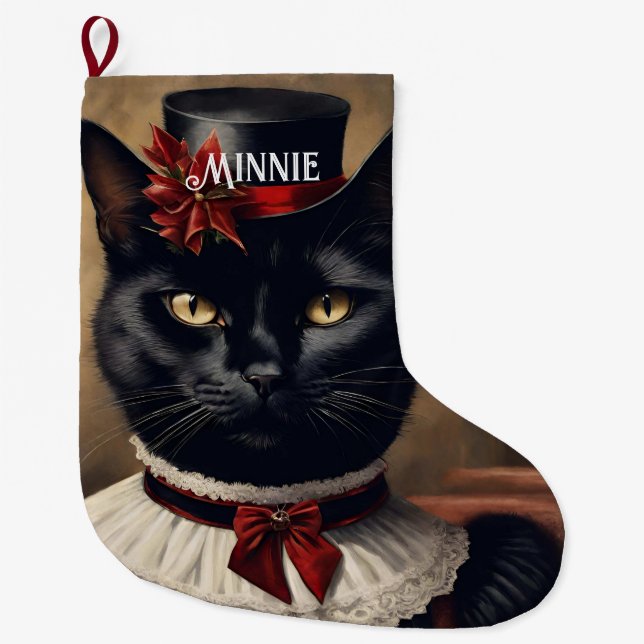 Cute Retro Black Cat Christmas  Large Christmas Stocking (Front)