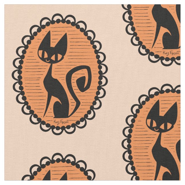 Cute Retro Black Cat Fabric (Close Up)