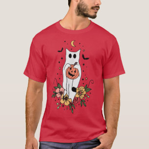Cute Retro Black Cat Ghost Flower Fall Halloween C T-Shirt