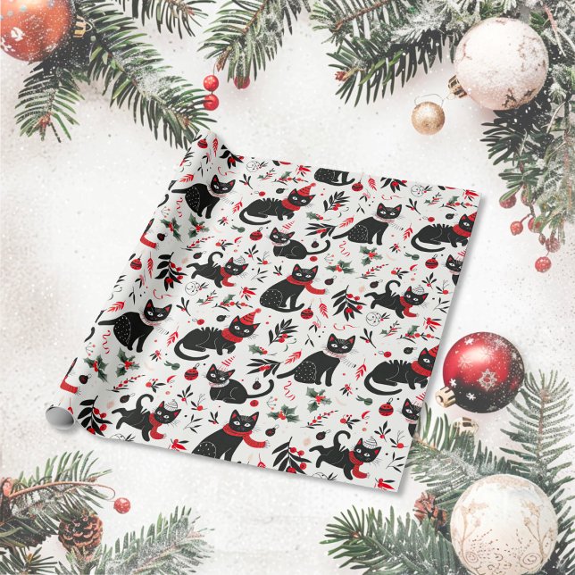 Cute Retro Black Cats Christmas Wrapping Paper (Cute Black Cats Christmas Wrapping Paper roll)