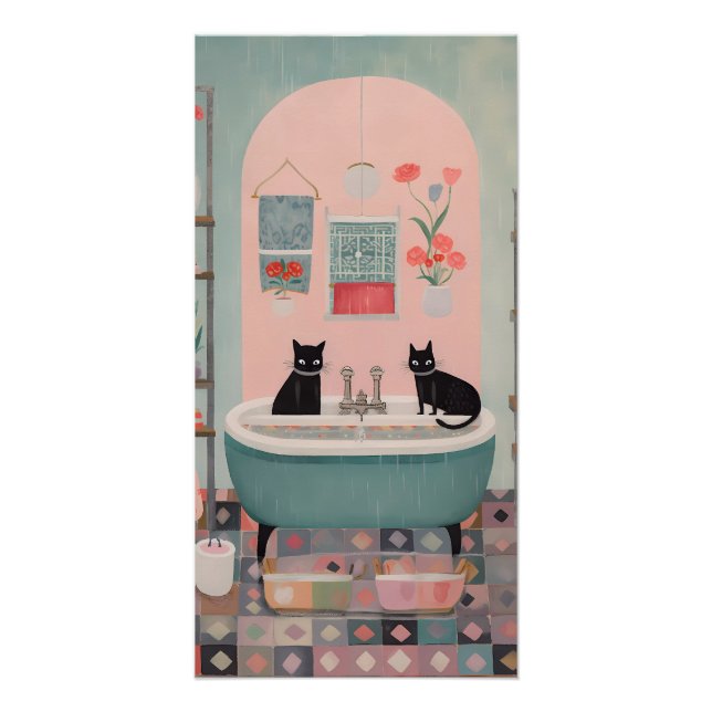 Cute Retro Black Cats in the Bathroom pink blue Poster (Front)