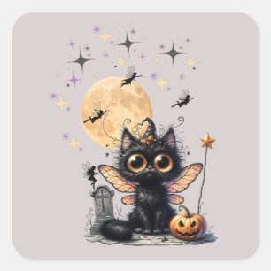 Cute Retro Black Wide-Eyed Fairy Kitten Halloween Square Sticker