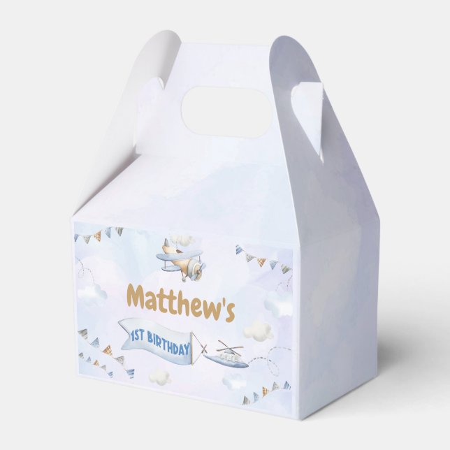 Cute Retro Blue Airplane 1st Birthday Favor Boxes (Front Side)