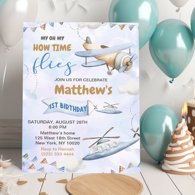 Cute Retro Blue Airplane 1st Birthday Invitation (Creator Uploaded)