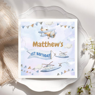 Cute Retro Blue Airplane 1st Birthday Napkins