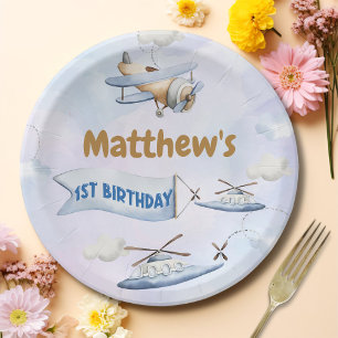 Cute Retro Blue Airplane 1st Birthday Paper Plates