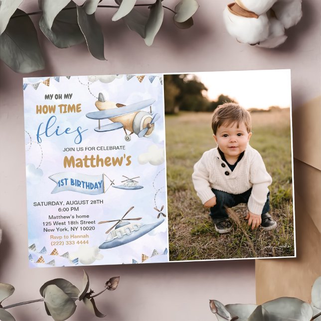 Cute Retro Blue Airplane 1st Birthday Photo Invitation (Creator Uploaded)