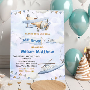 Cute Retro Blue Airplane Baby Shower Invitation