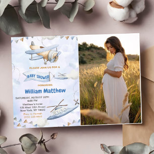 Cute Retro Blue Airplane Baby Shower Photo Invitation