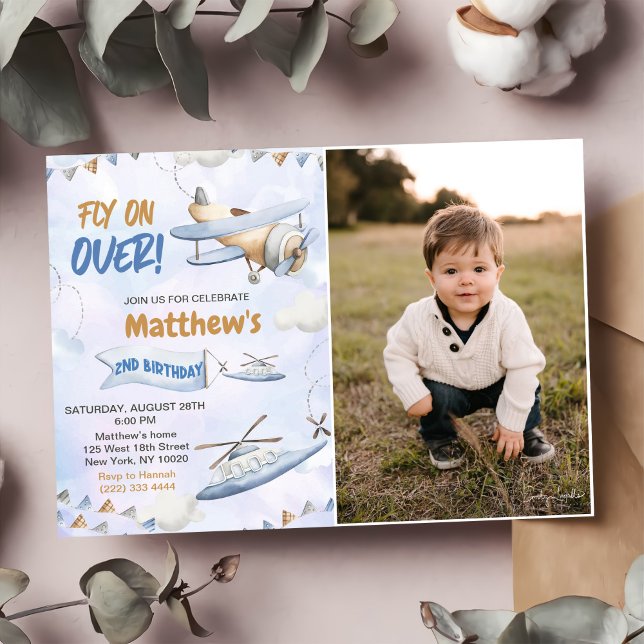 Cute Retro Blue Airplane Fly On Over 2nd Birthday  Invitation (Creator Uploaded)