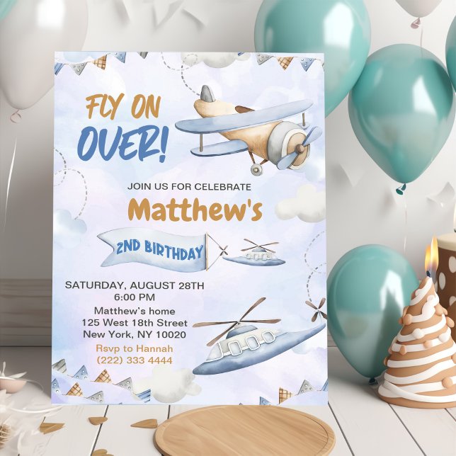 Cute Retro Blue Airplane Fly On Over 2nd Birthday Invitation (Creator Uploaded)