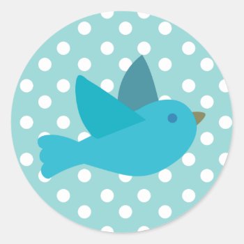 Cute Retro Blue Bird With Polka Dots Classic Round Sticker by retroflavor at Zazzle