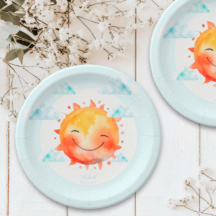 Cute Retro Blue Boho Flowers Sunshine Baby Shower Paper Plates