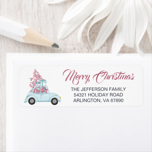 Cute Retro Blue Car Pink Christmas Tree Holiday Label (Insitu)