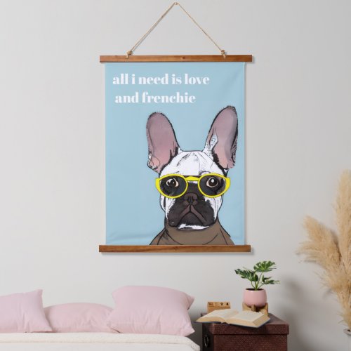 Cute Retro Blue French Bulldog With Neon Glasses Hanging Tapestry