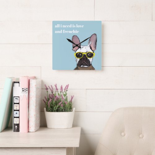 Cute Retro Blue French Bulldog With Neon Glasses Square Wall Clock