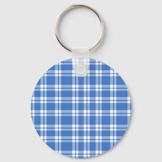 Cute Retro Blue Gingham Plaid Pattern Keychain (Front)