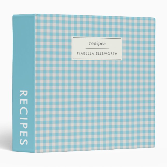 Cute Retro Blue Gingham Plaid Personalized Recipe 3 Ring Binder (Front/Spine)