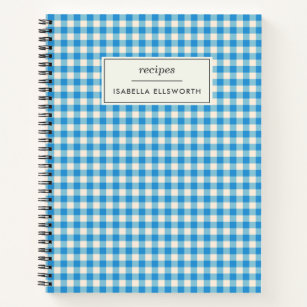 Cute Retro Blue Gingham Plaid Personalized Recipe Notebook