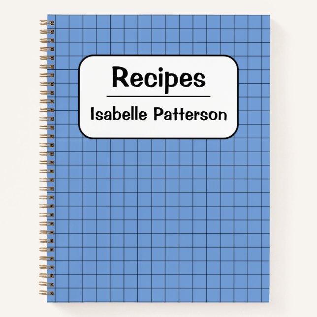 Cute Retro Blue Gingham Plaid Personalized Recipe Notebook (Front)