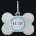 Cute Retro Blue Polka Dots Dog Cat Kitty Pup Name Pet ID Tag<br><div class="desc">Create your own custom, personalized, bold christmas red rustic vintage western script / typography custom name at front and back, and retro cool chic stylish geometric trendy light blue and white polka dots pattern background, UV resistant and waterproof, burnished silver bone-shaped pet dog cat doggy puppy kitten kitty ID name...</div>