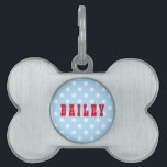Cute Retro Blue Polka Dots Dog Cat Kitty Pup Name Pet ID Tag<br><div class="desc">Create your own custom, personalized, bold christmas red rustic vintage western script / typography custom name at front and back, and retro cool chic stylish geometric trendy light blue and white polka dots pattern background, UV resistant and waterproof, burnished silver bone-shaped pet dog cat doggy puppy kitten kitty ID name...</div>