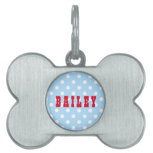 Cute Retro Blue Polka Dots Dog Cat Kitty Pup Name Pet ID Tag