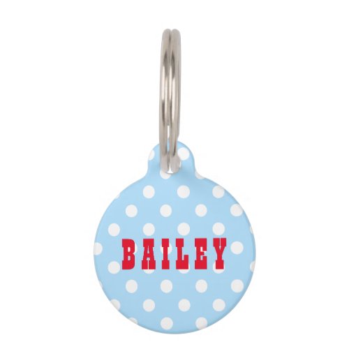 Cute Retro Blue Polka Dots Dog Pup Cat Kitty Name Pet ID Tag