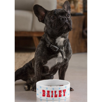 Cute Retro Blue Polka Dots Dog Puppy Pet Name Food Bowl by iCoolCreate at Zazzle