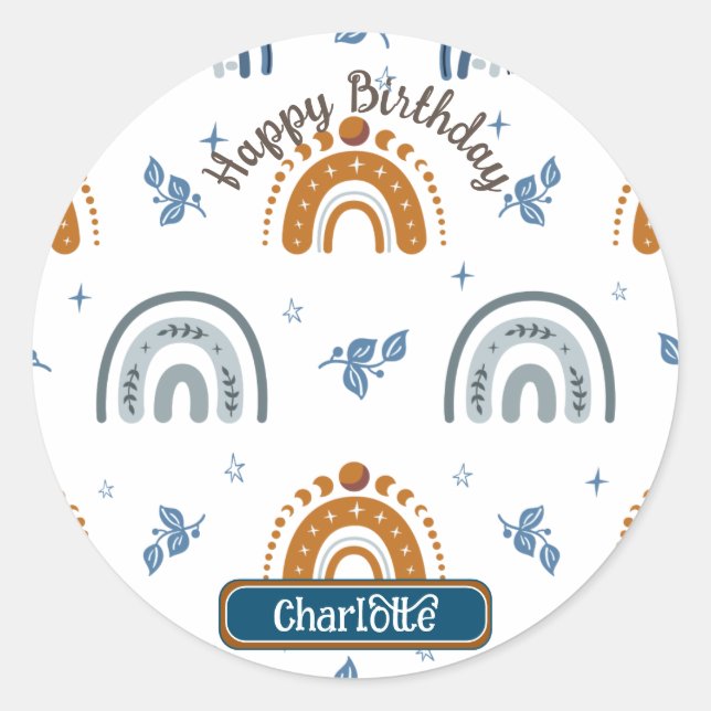 Cute Retro Boho Celestial Pattern Birthday Classic Round Sticker (Front)