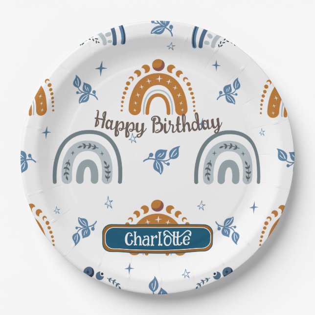 Cute Retro Boho Celestial Pattern Birthday Paper Plates (Front)