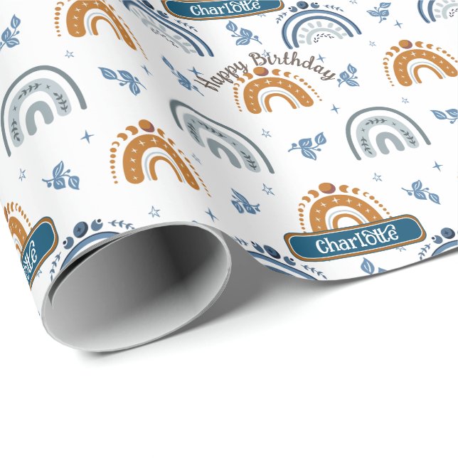 Cute Retro Boho Celestial Pattern Birthday Wrapping Paper (Roll Corner)