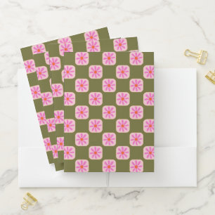 Cute Retro Boho Checkerboard Flower Green Pink   Pocket Folder