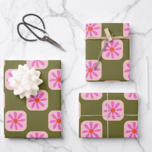 Cute Retro Boho Checkerboard Flower Green Pink Wrapping Paper Sheets