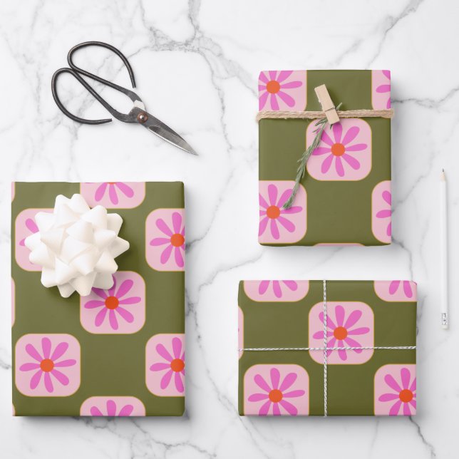 Cute Retro Boho Checkerboard Flower Green Pink Wrapping Paper Sheets (Front)