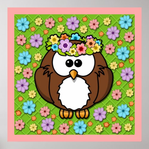 Cute Retro Boho Owl Colorful Pastel Flowers Poster