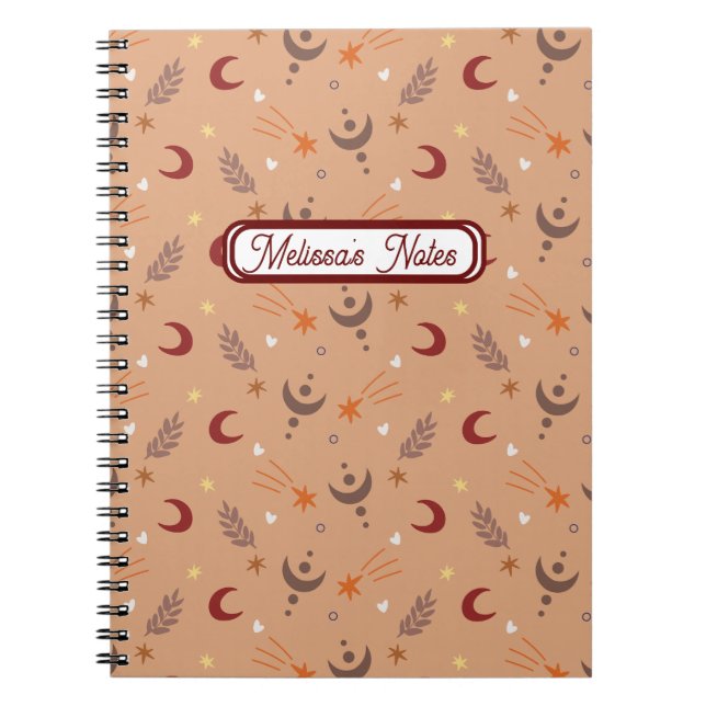 Cute Retro Brown Boho Whimsical Name Personalized  Notebook (Front)