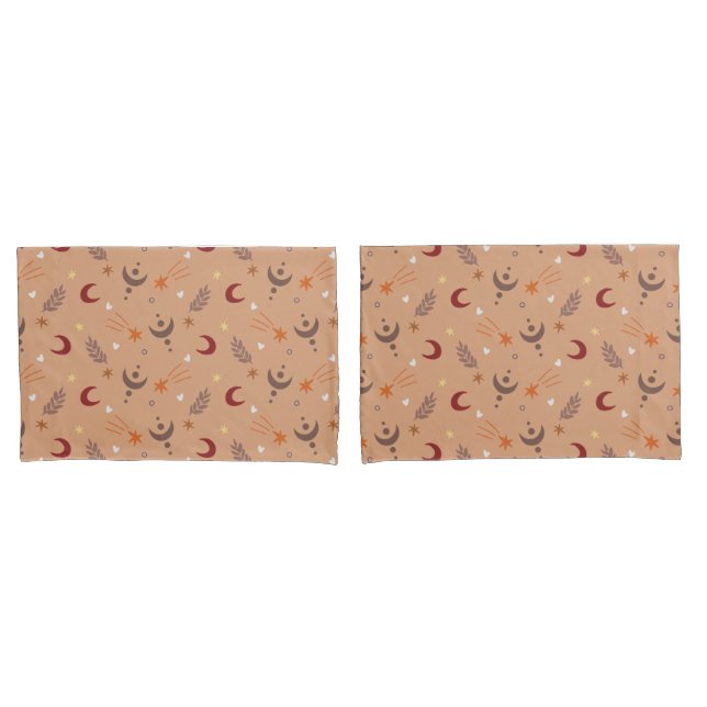 Cute Retro Brown Boho Whimsical Pattern Pillow Case (Front-Set)