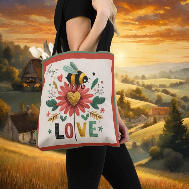 Cute Retro Bumble Bee Floral Love Tote Bag (Tote bag featuring a retro painting of a bumble bee on a flower with LOVE text.)