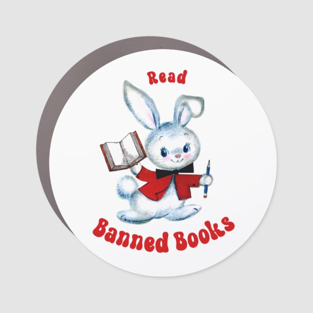 Cute Retro Bunny - Read Banned Books Car Magnet (Front)