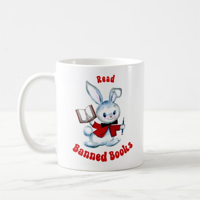 Cute Retro Bunny - Read Banned Books Coffee Mug (Left)