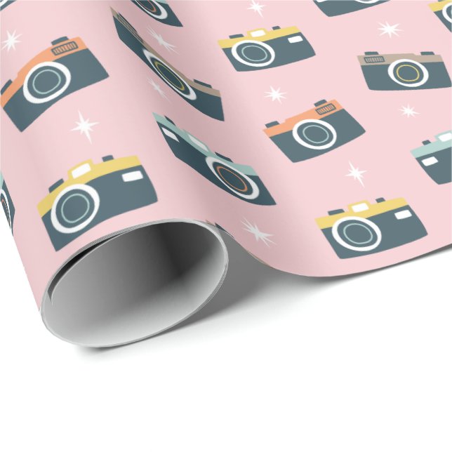 Cute Retro Camera's on light pink Wrapping Paper (Roll Corner)