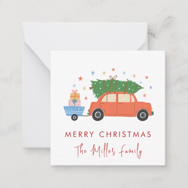 Cute Retro Car with Christmas tree Holiday  Note Card (Front)