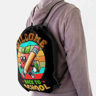 Cute Retro Cartoon Apple   Welcome Back To School  Drawstring Bag