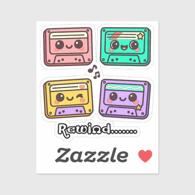 Cute Retro Cassette Tape "Rewind" Kawaii Design Sticker (Sheet)
