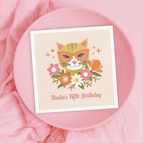 Cute Retro Cat and Florals Girls Birthday Napkins